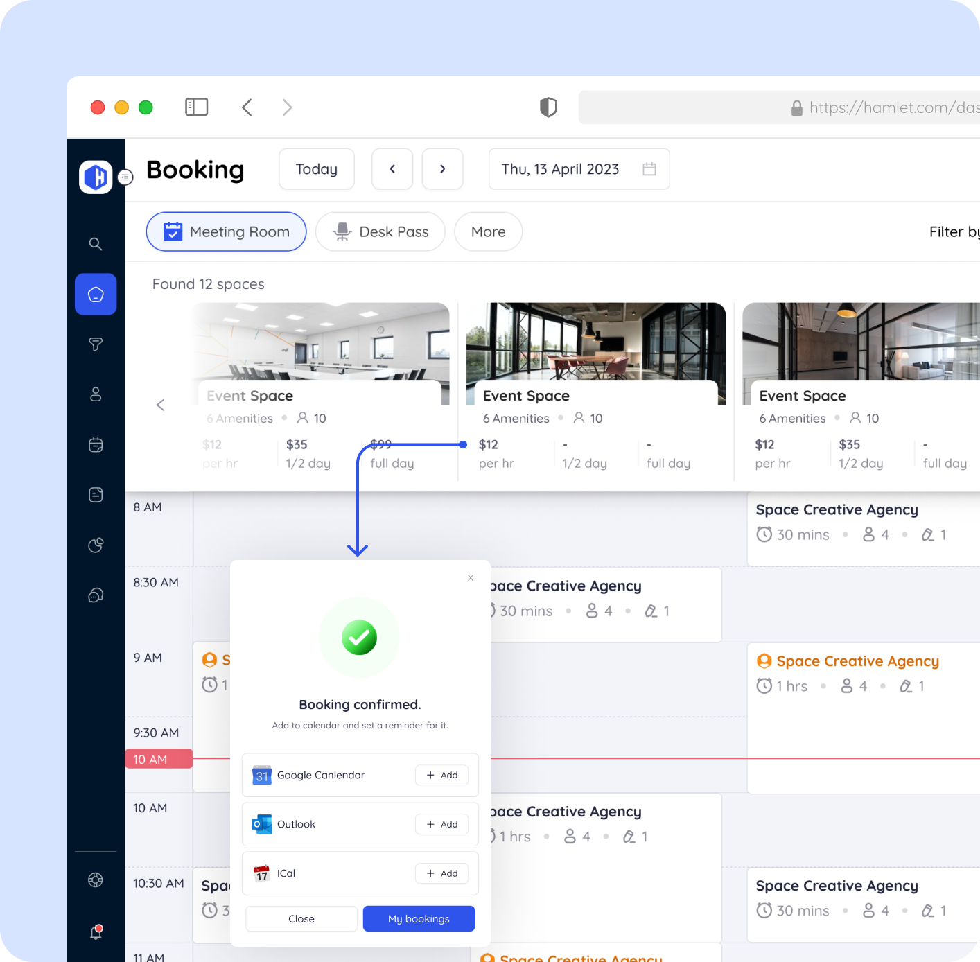 hamlet bookings page with confirmation