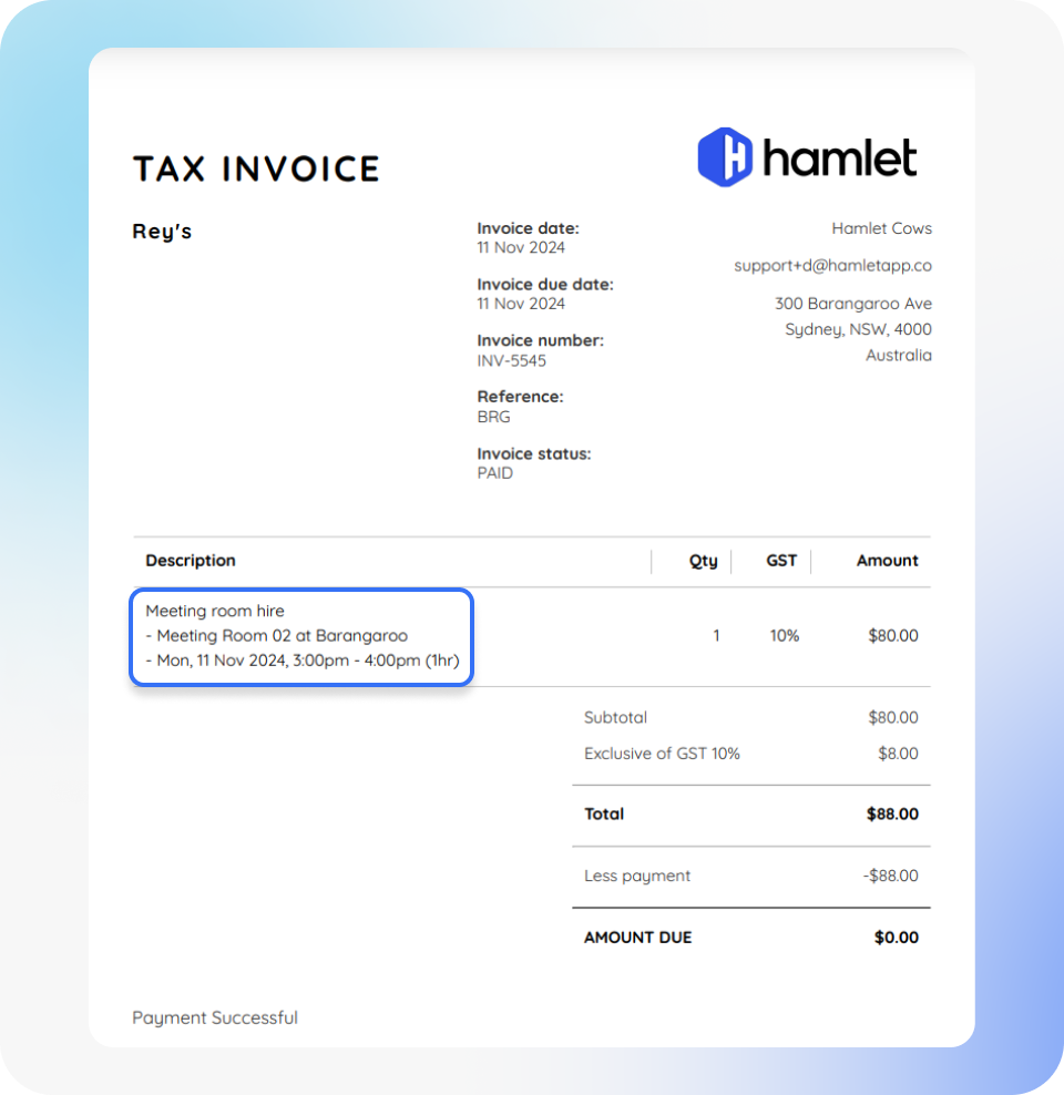 hamlet meeting room tax invoice